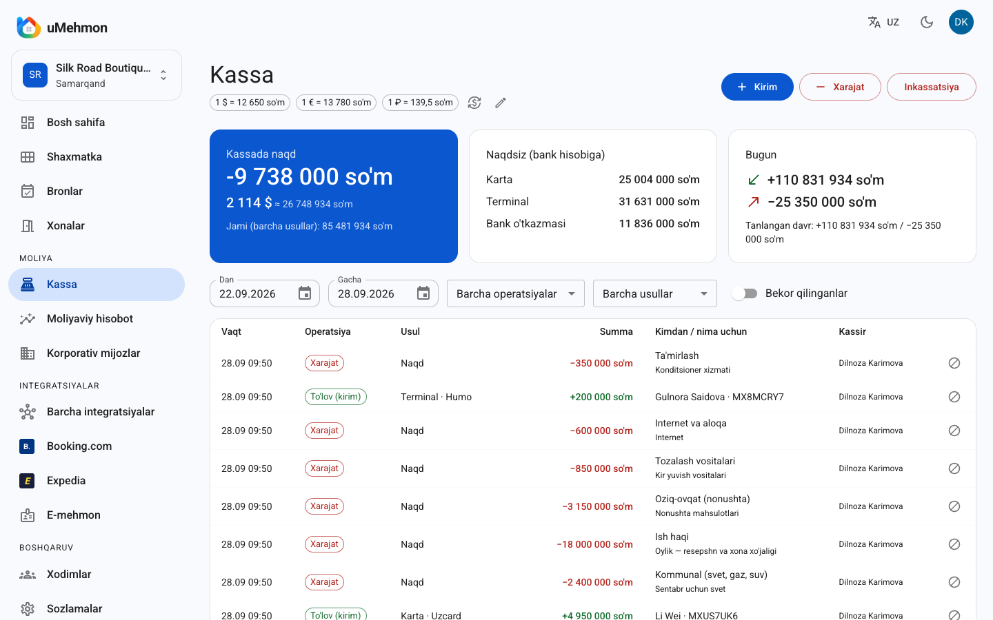 Kassa: so'm, valyuta, karta, terminal