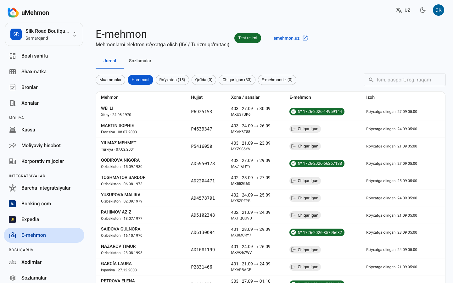 E-mehmon — avtomatik ro'yxat